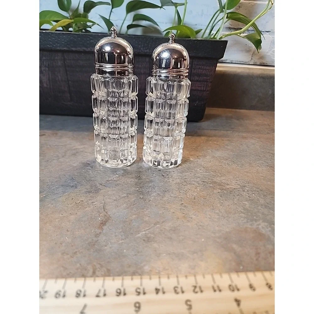 Vtge Tall Shakers Set Press Glass Metal Caps Square Rectangle Design